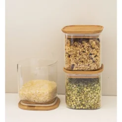 Lot 3 Boîtes de Conservation en Verre et Bambou Carré 800 ml Pebbly