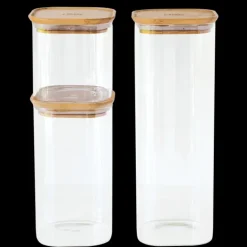 Lot de 3 Boîtes de Conservation en Verre Carrée Couvercle Bambou Pebbly