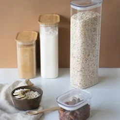 Lot de 3 Boîtes de Conservation en Verre Carrée Couvercle Bambou Pebbly